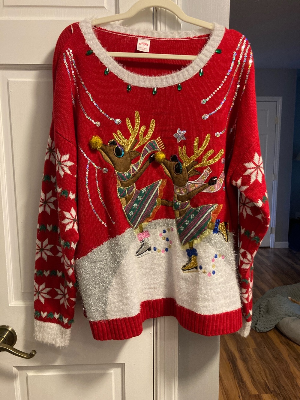Holiday Time Red & White Reindeer Sequin Crew Neck Sweater